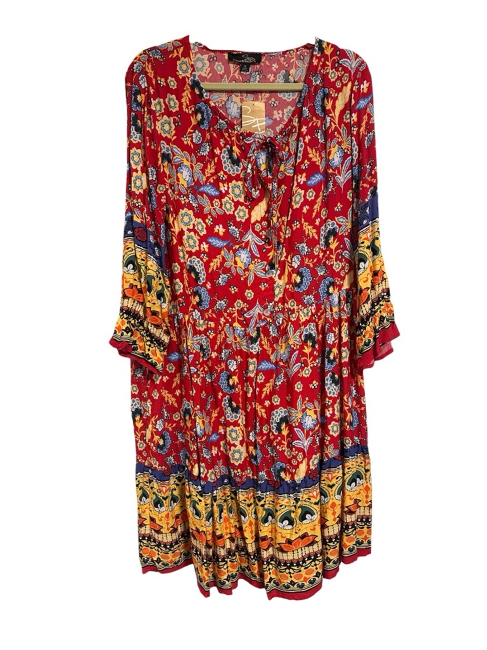 Suzanne Betro Red Boho Floral Midi Dress Drop Waist NWT M Festival Flowy Hippie